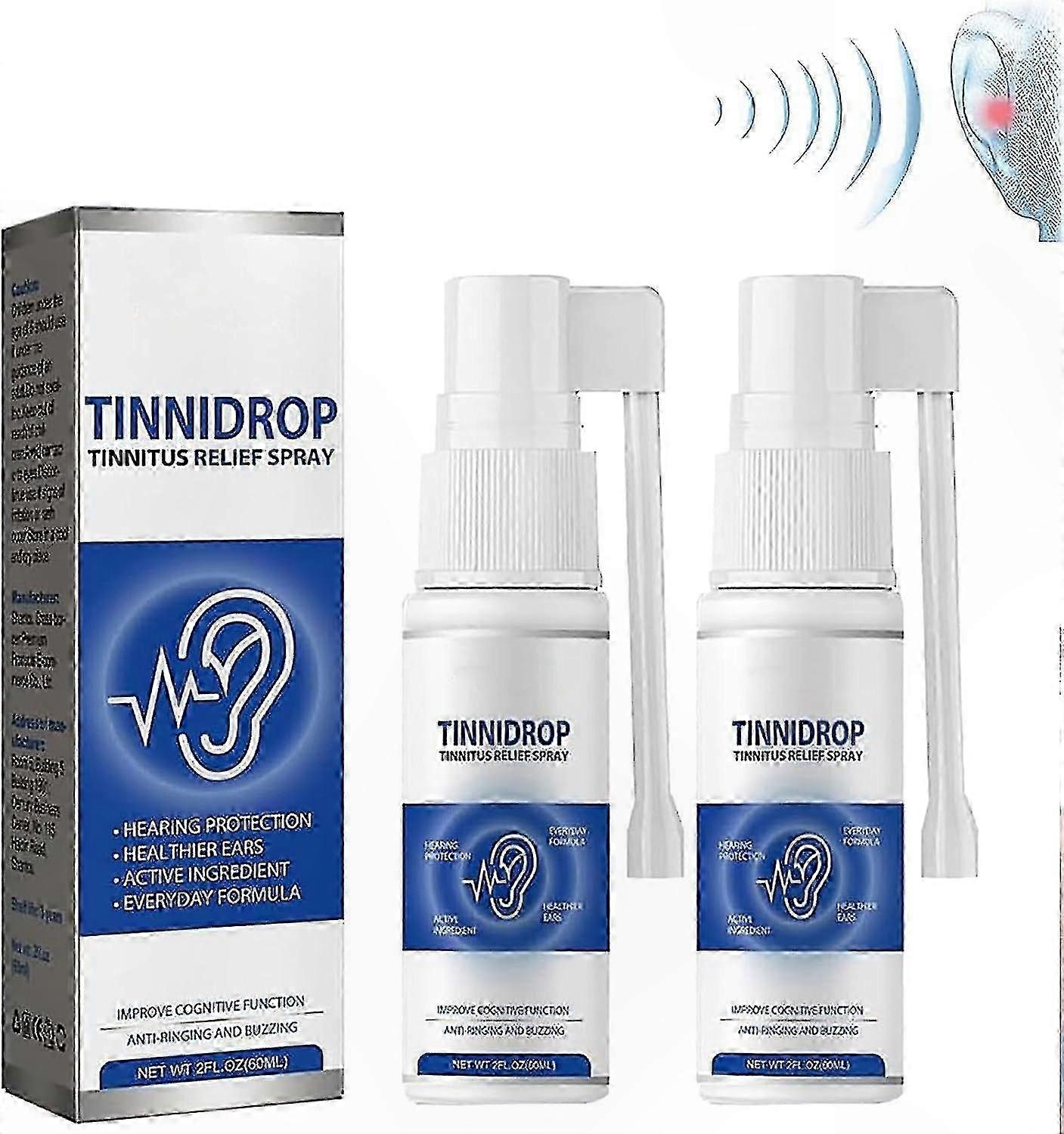 Tinnitus Relief Spray 60ml, 2-Pack Ear Care Solution for Ringing Ears & Wax Removal Support