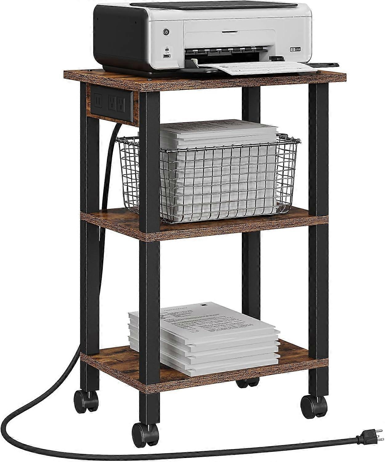3 Tier Printer Stand, Rolling Printer Cart with Power Outlets and USB Ports, Mobile Printer Table with Wheels, for Under Desk, Office, Home, Brown