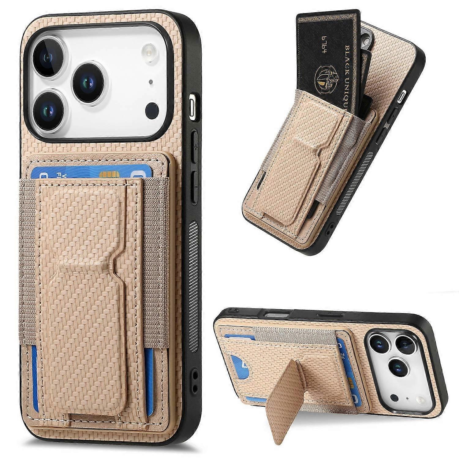 For iPhone 17 Pro Max Case with Card Holder Kickstand Fiber Pattern Leather Back Cover