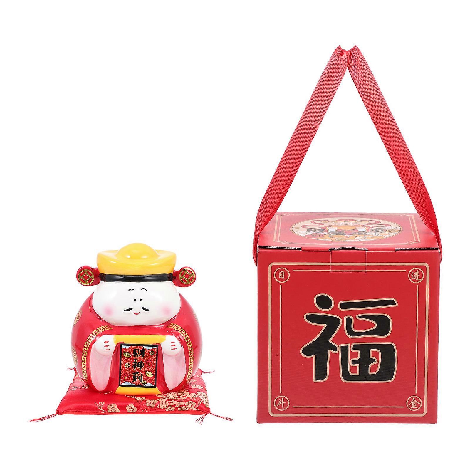 Red God of Wealth Coin Saving Box for Desktop Use 2Sets Ceramic Piggy Bank