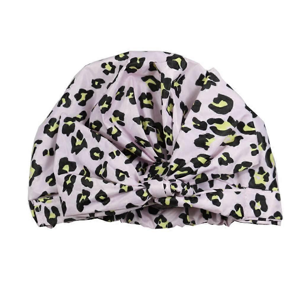 Shower Hair Caps Flower Print Waterproof Reusable Elastic Bow Hem Beanie Bath Hat Adjustable Pink Leopard Print
