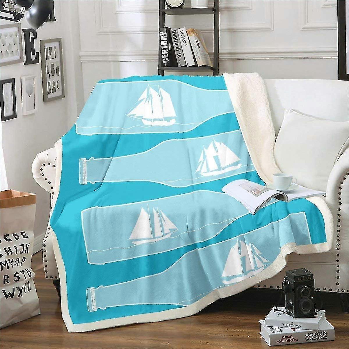 Sailboat Printed Fleece Throw Blanket for Bed Sofa Nautical Fuzzy Blanket Decorative Ocean Themed Sherpa Blanket Sea Adventure Plush Blanket Double