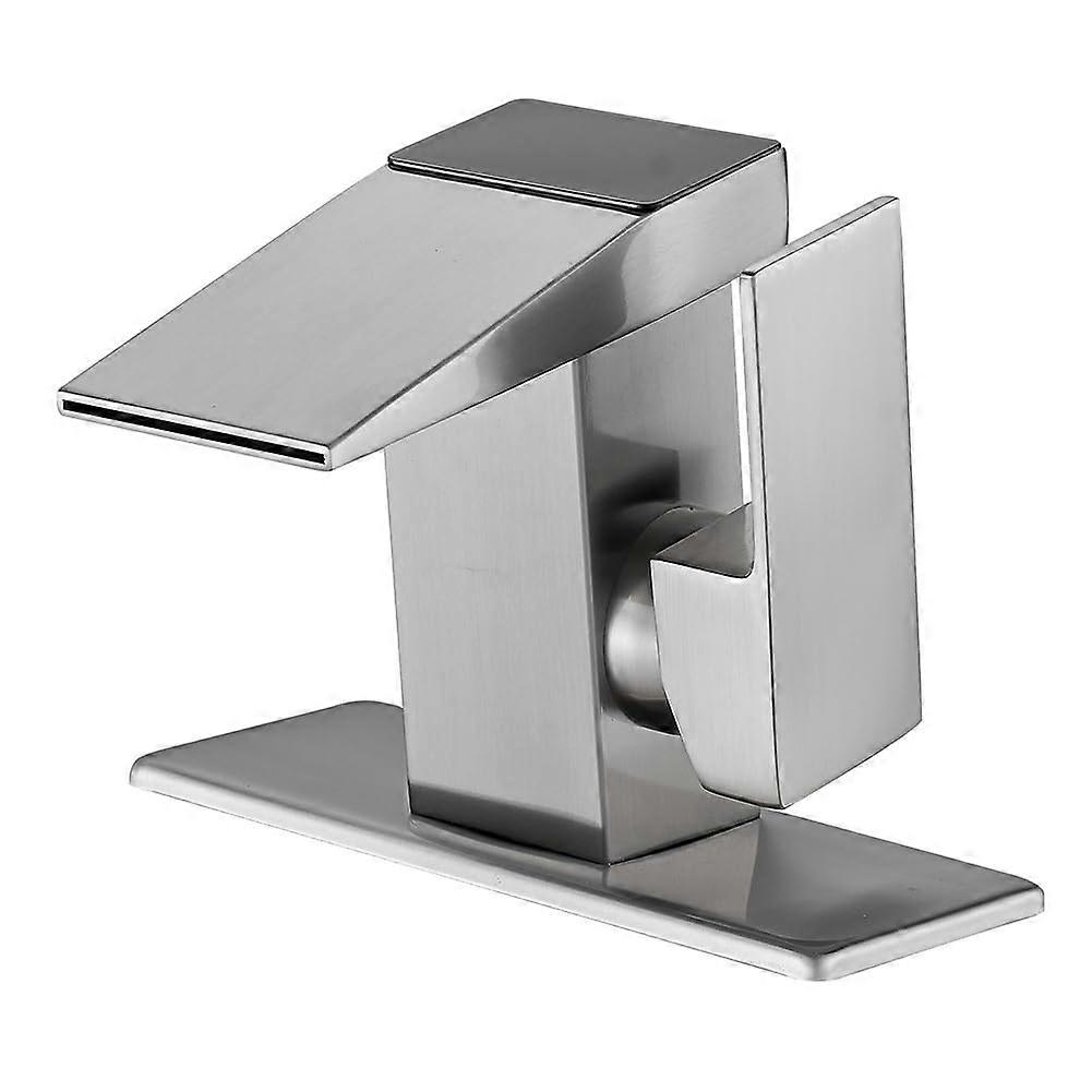 Waterfall Basin Taps Modern Brass Sink Mixer Faucet with Single Lever, Hot/Cold Water, UK Standard Hoses, Brushed Finish