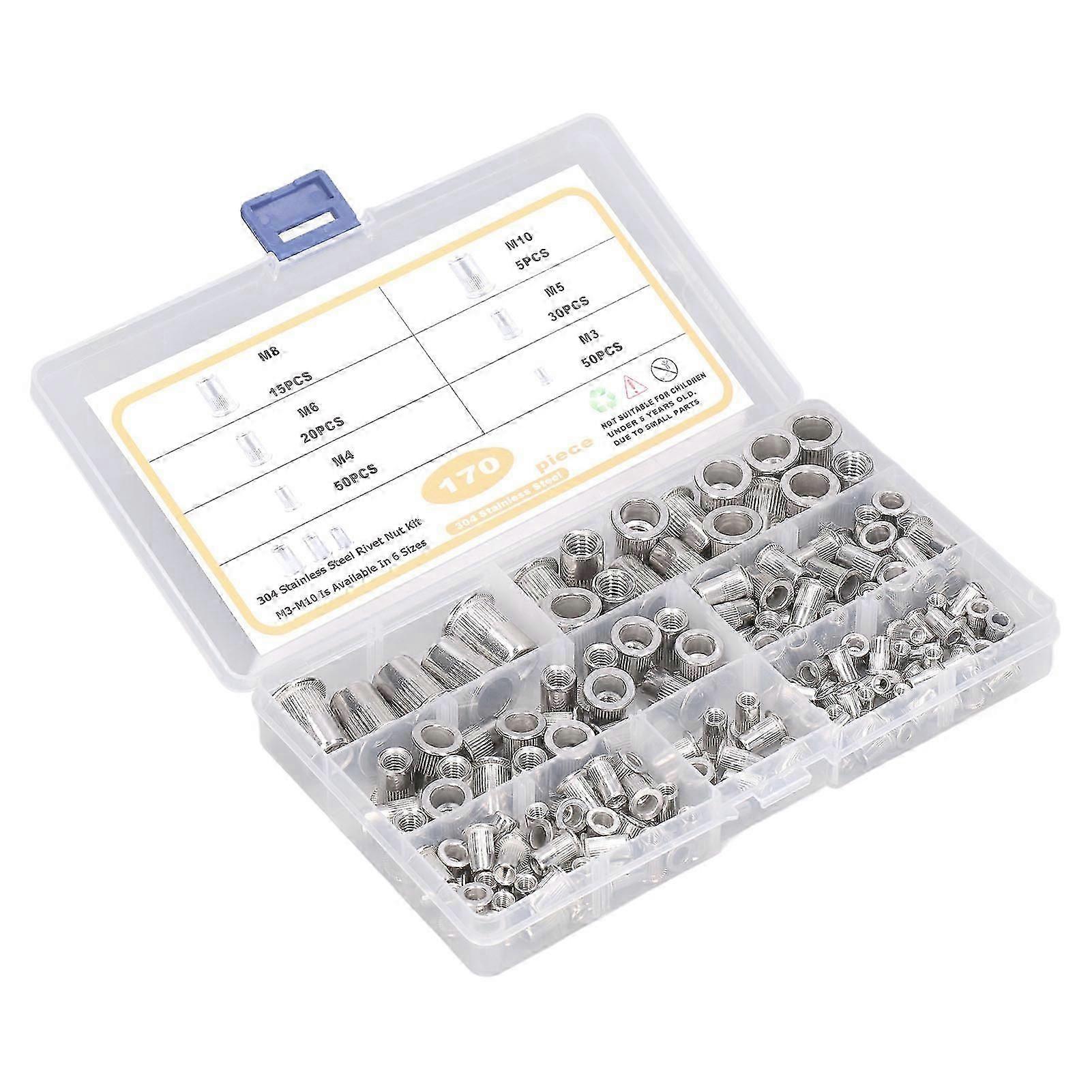 170pcs M3?M10 304 Stainless Steel Rivet Nuts Durable Flat Head Threaded Rivet Nut