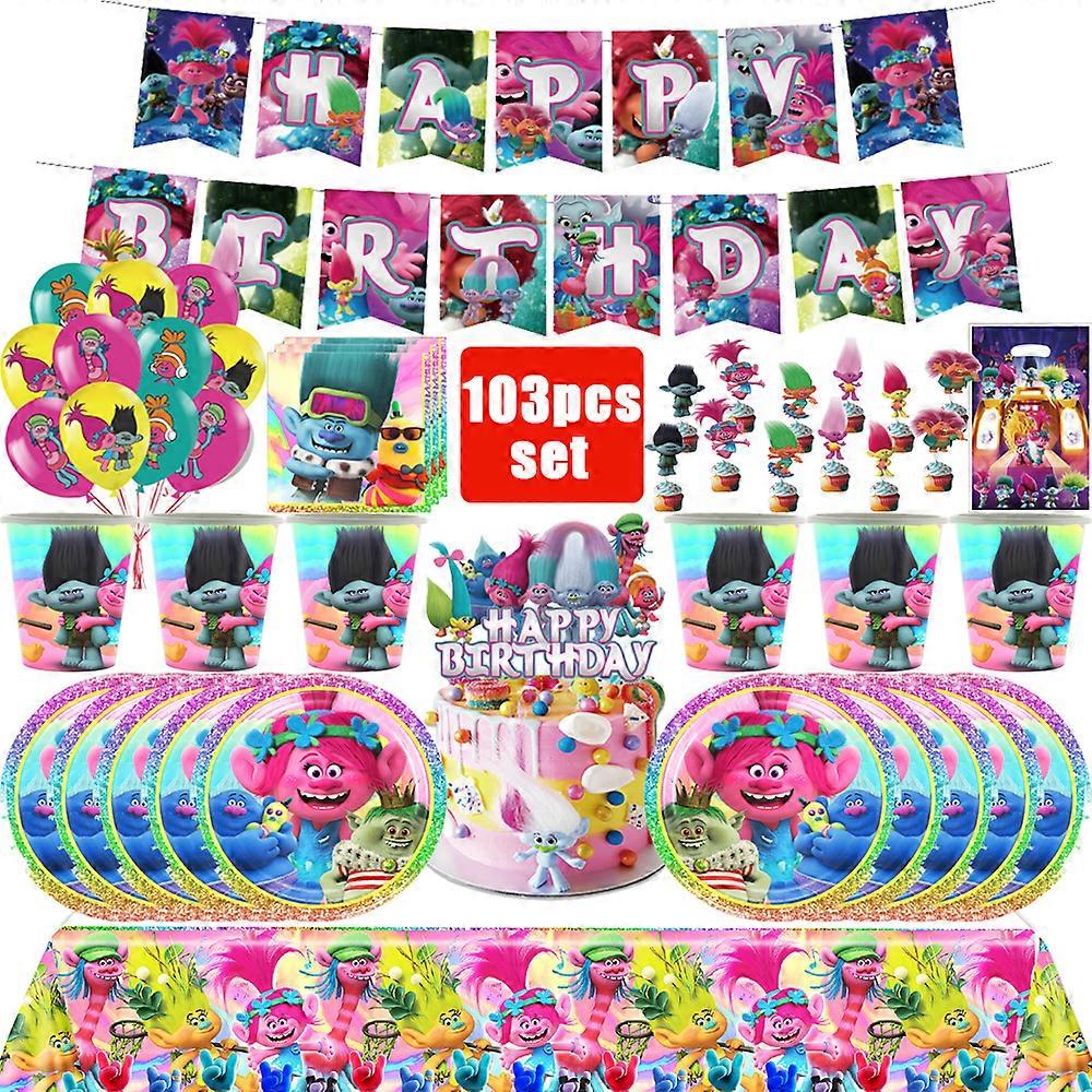 D��cor de f��te d'anniversaire �� th��me Trolls, vaisselle jetable, assiettes, nappe, tasse, d��coration de gateau, ballon, fournitures de f��te p
