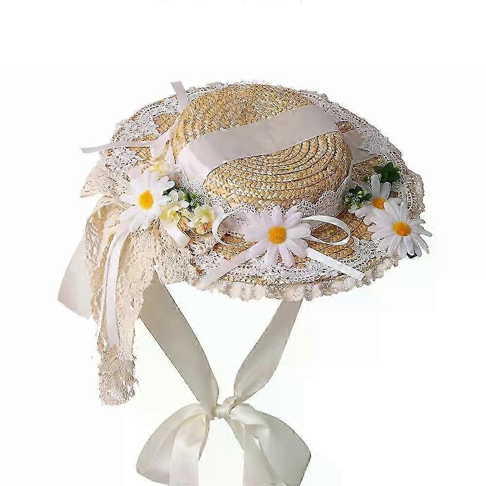 Lolita Straw Hat Women Girl Victorian Pastoral Style Lace Bonnet Hat For Costume Tea Party Flat Cap