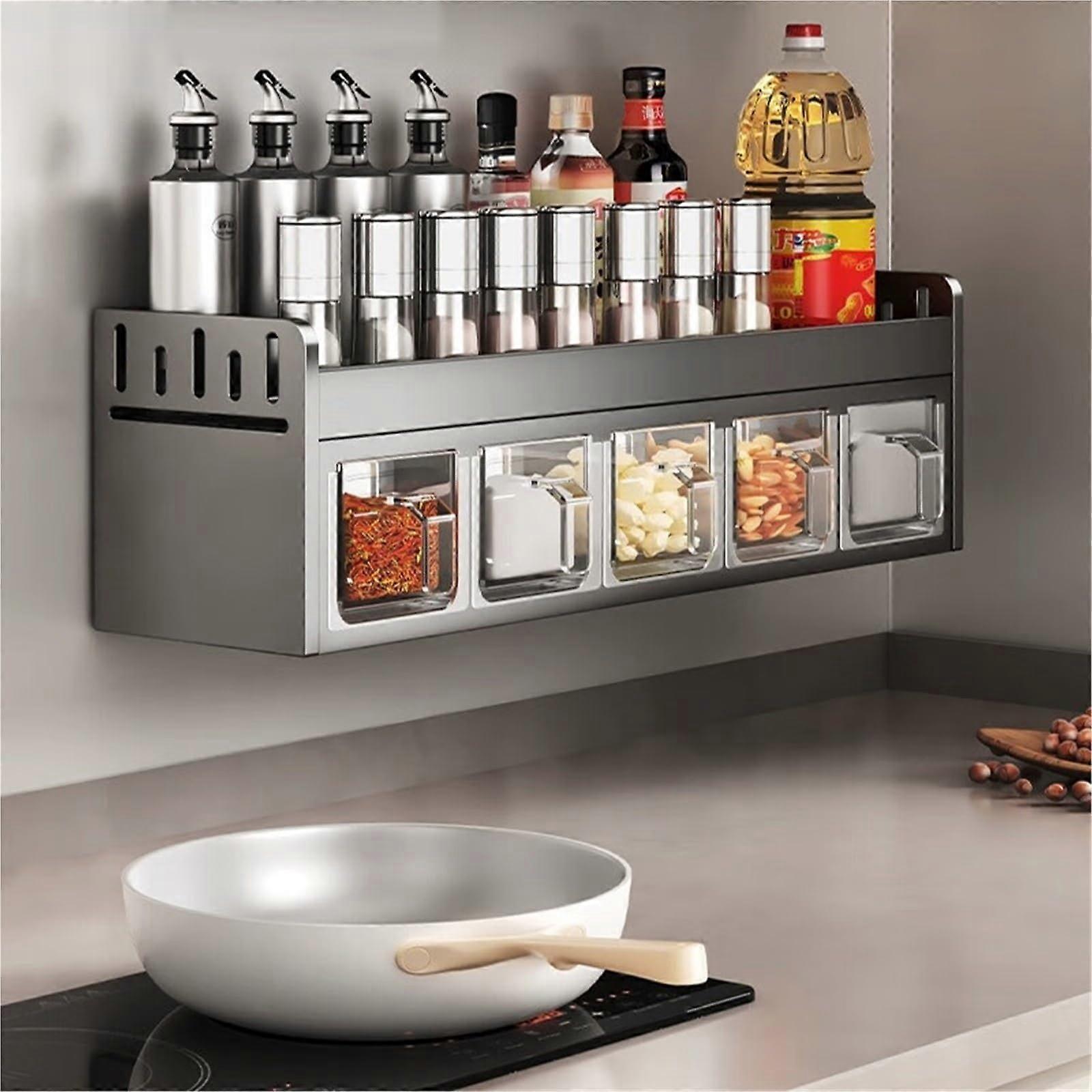 Wall Mounted Spice Rack with Jars, Punch Large Capacity Kitchen Organizer Shelf Gray