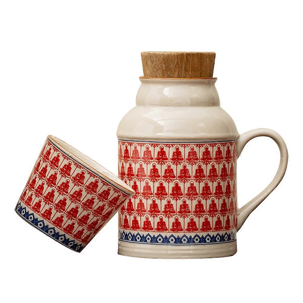Ceramic Kettle and Cup Set for Storage Use 1Set Vintage Style Red Pitcher