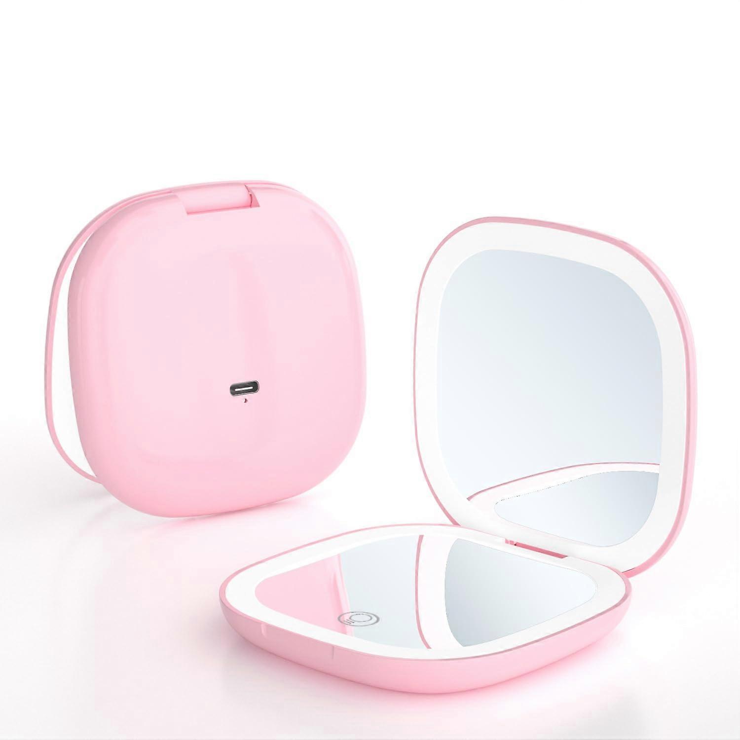 LED Makeup Mirror Dual Sided 1X 5X Magnification USB Rechargeable Touch Light Modes Pink UK16