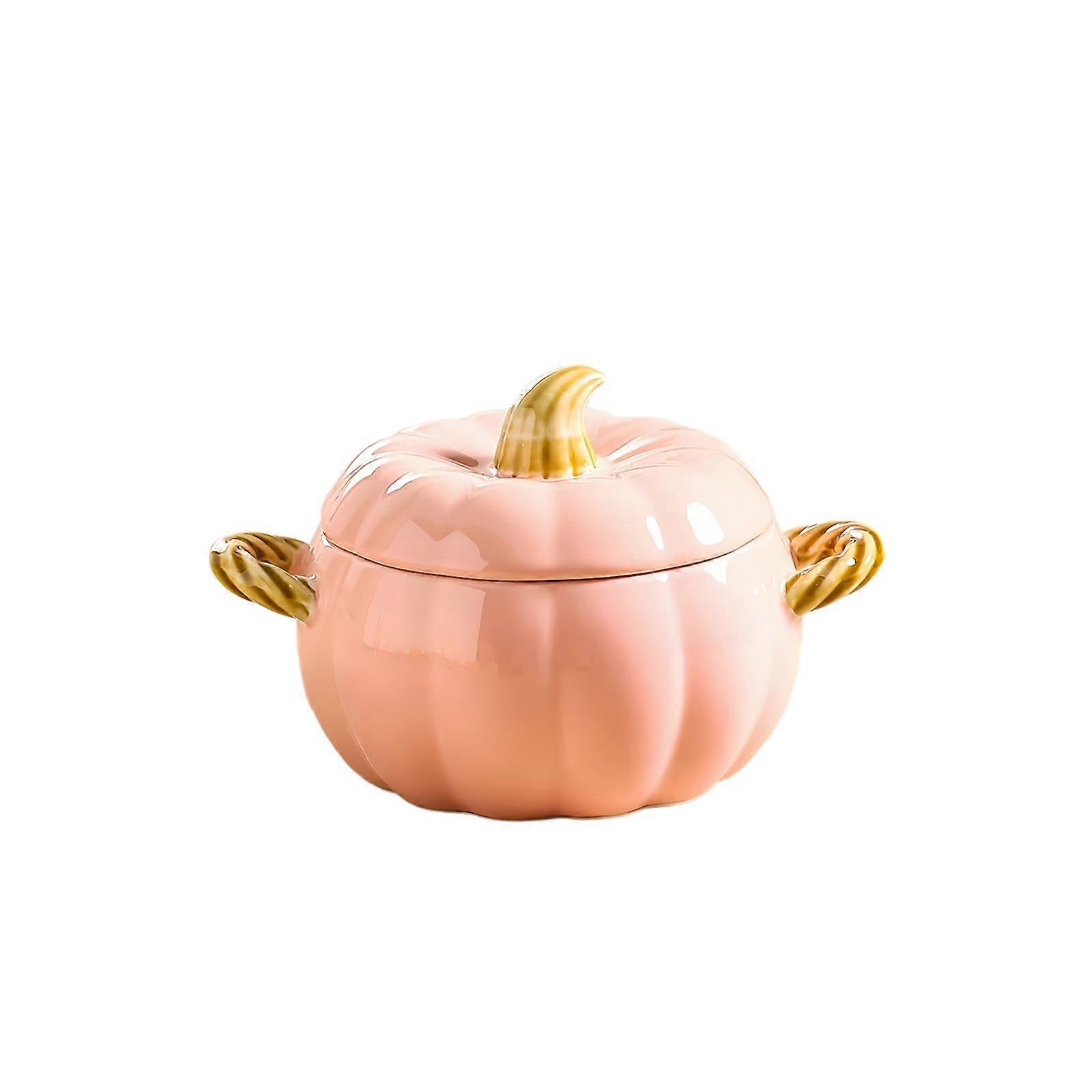 10 inch Ceramic Pumpkin Soup Pot with Lid, Double Handle Stew Bowl Set, Matte Finish, Grey and Pink