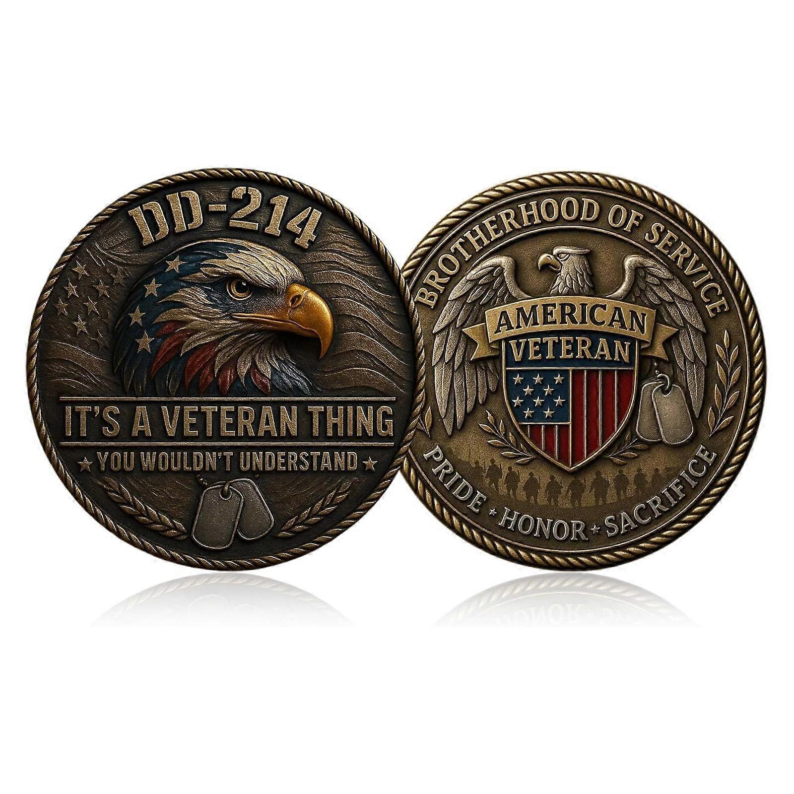 DD214 Veteran Challenge Coin with Authentic Military Symbols,  Relief DoubleSided Design