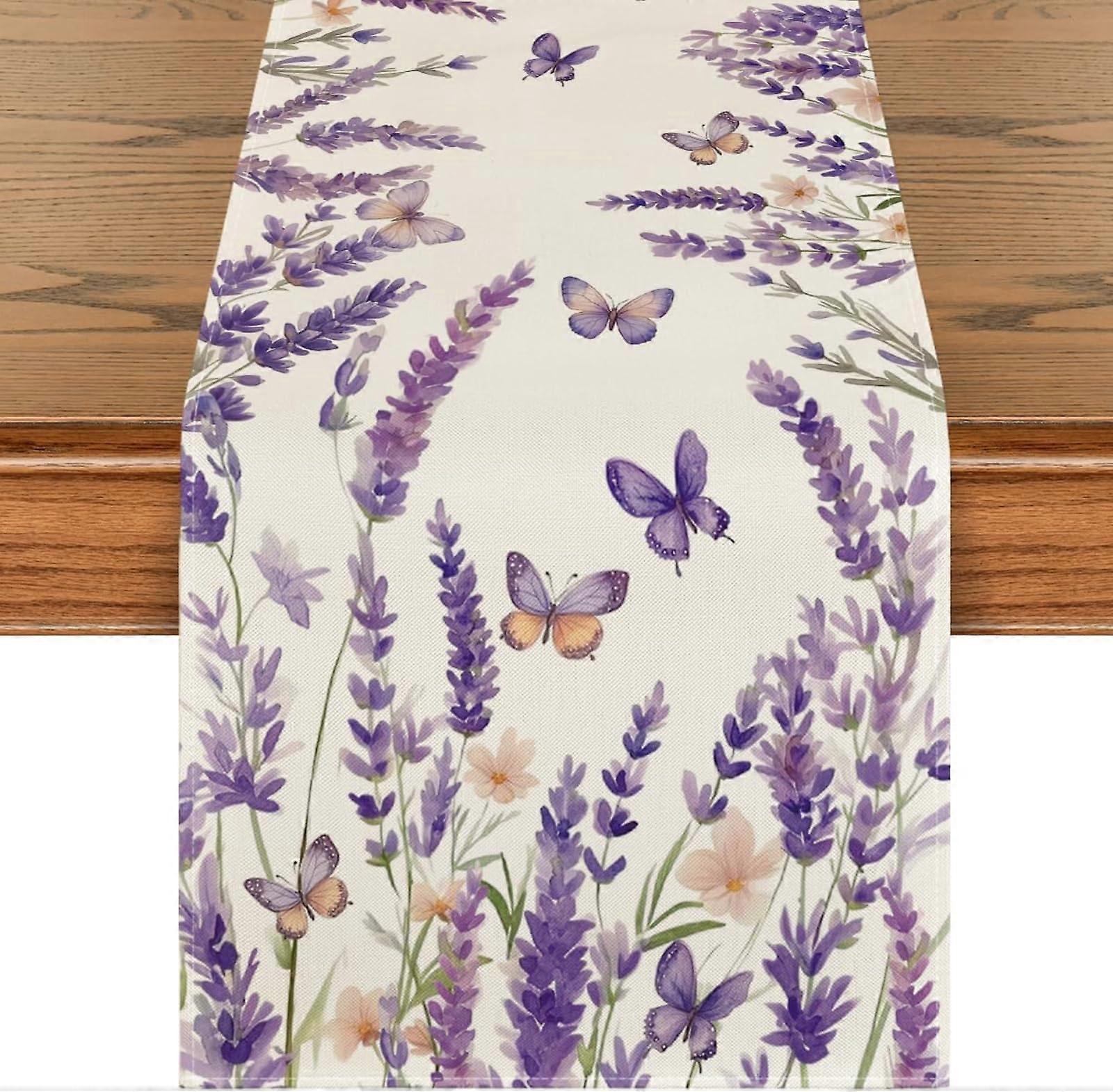 Lavender Butterfly Table Runner 13x72 for Spring Summer Dining Table, FadeResistant, Wrinkle
