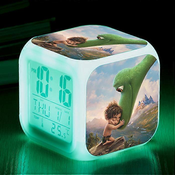 Dinosaur Home Mini Alarm Clock with LED Large Screen, Digital Seven-Color Square Clock, Children's Electronic Clock