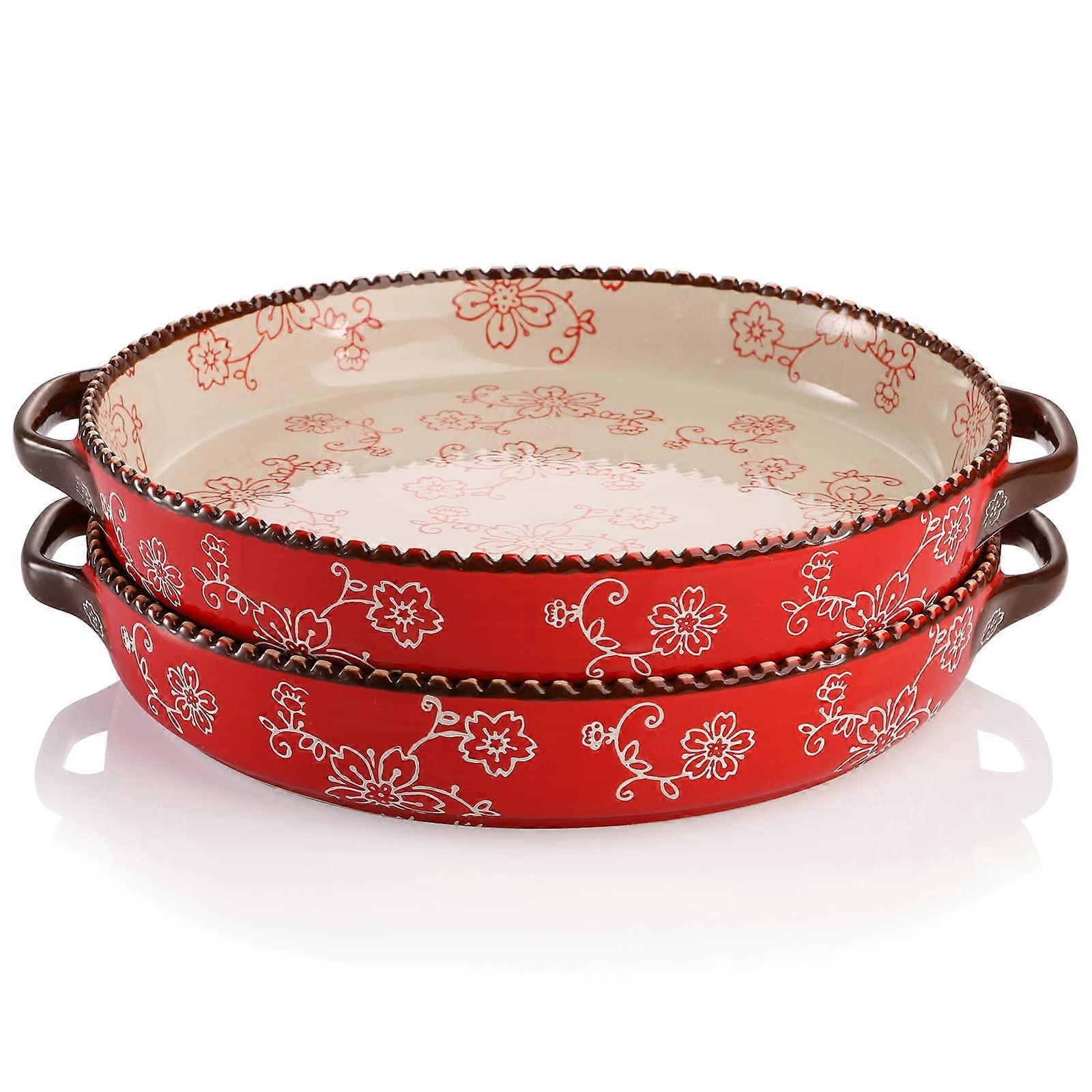 2 Pack Ceramic Pie Pan 9 Inch Deep Round Baking Dish with Handles Sakura Pattern Oven Safe Red