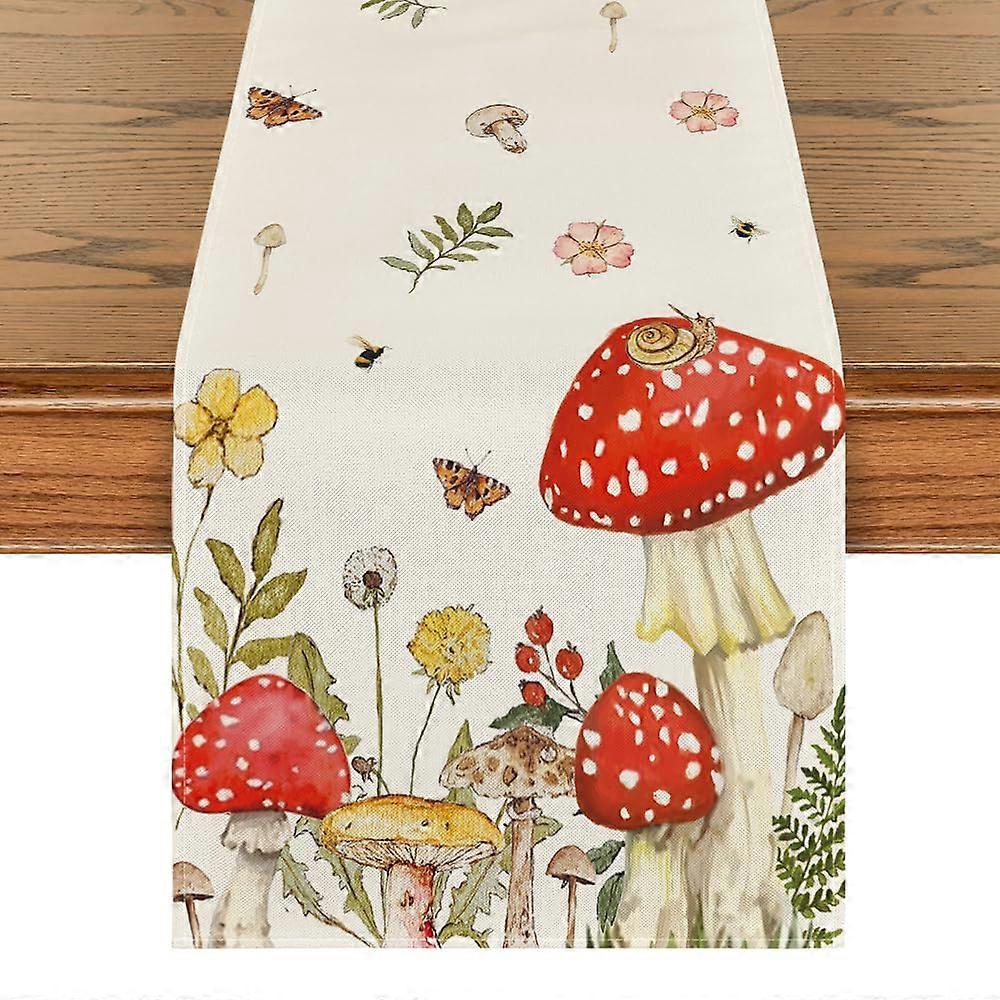 Spring Floral Table Runner 13x72 Beige Polyester with Bees and Butterflies for Dining Table Decor