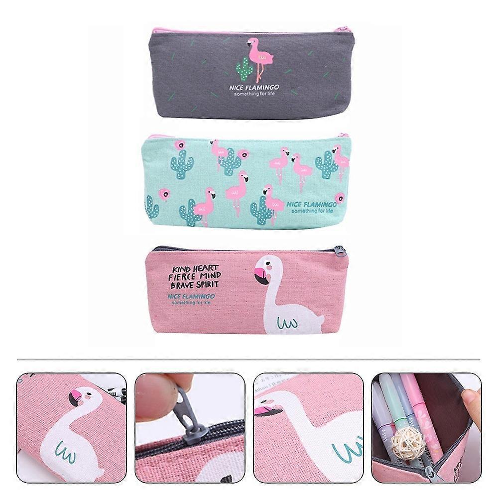 Simple Pencil Case Canvas Pen Bag for Storage 3Pcs with Flamingo Pattern