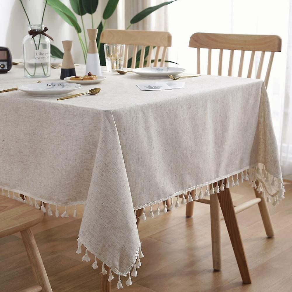 Cotton Linen Table Cloth Solid Color Tassel Square Tablecloth Dust-Proof Shrink-Proof Table Cover fo