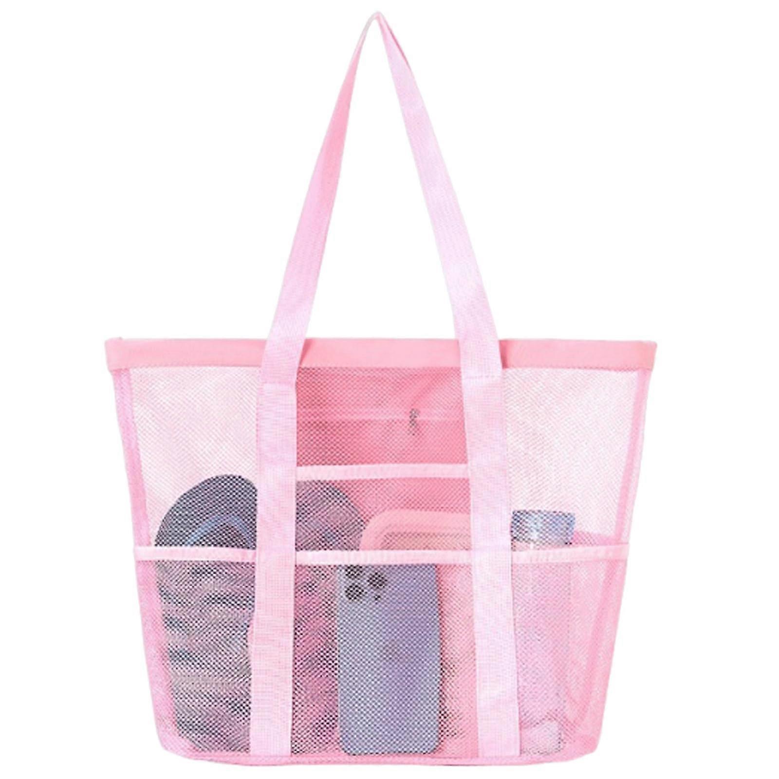 Large Waterproof Mesh Beach Tote Bag with Multiple Pockets, Foldable Sandproof Pink Design