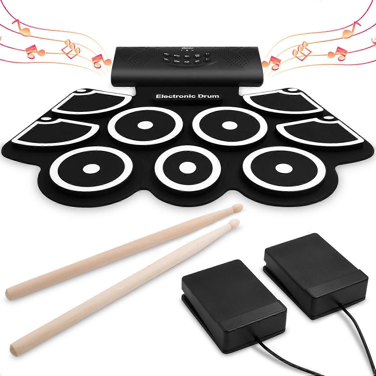 Electronic Drum Set with Bluetooth, Foldable Roll Up Design, Builtin Speaker and Dual Pedals