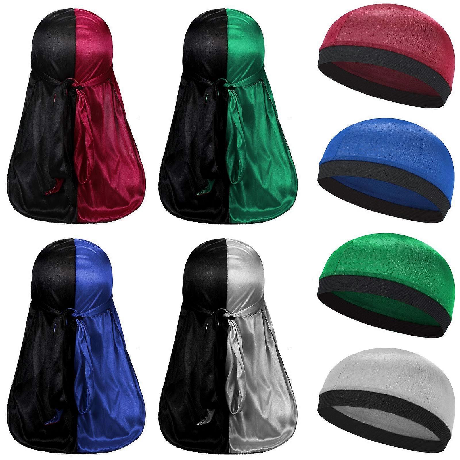 Silky Durag and Elastic Wave Cap Set, Long Tail Headwraps with Adjustable Straps for 360 Waves