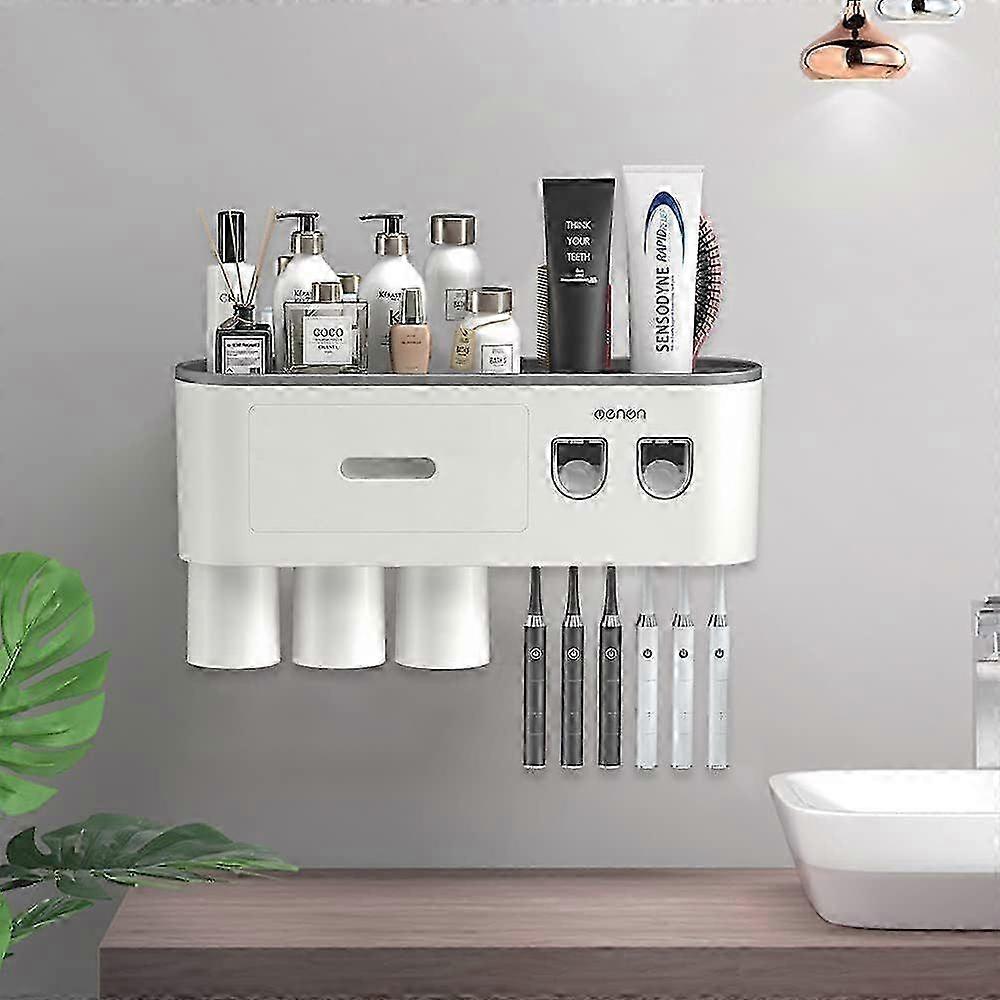 Wall Mounted Toothbrush and Toothpaste Holder with Two Automatic Toothpaste Dispensers, Gray, 3 CupsCC