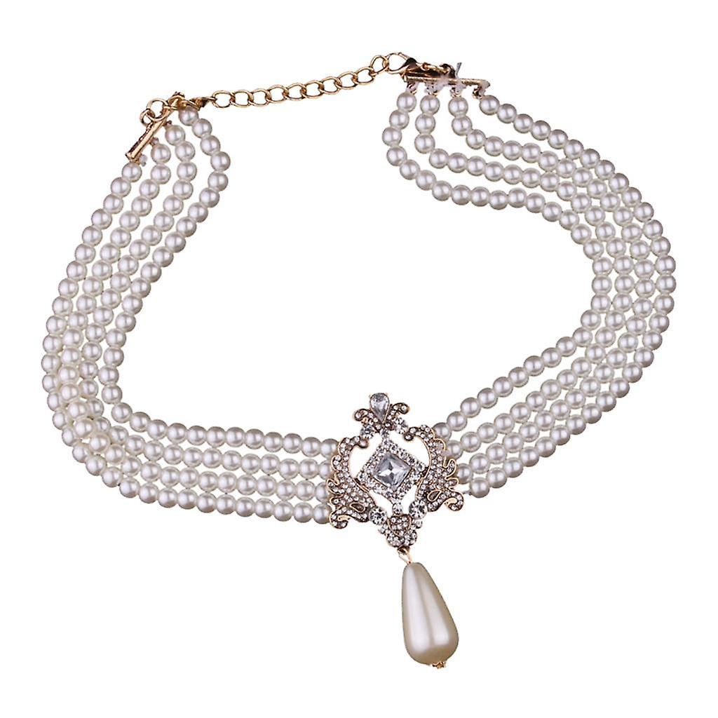 Multi Strand 4 Layer Crystal Simulated Pearls Bib Choker Necklace