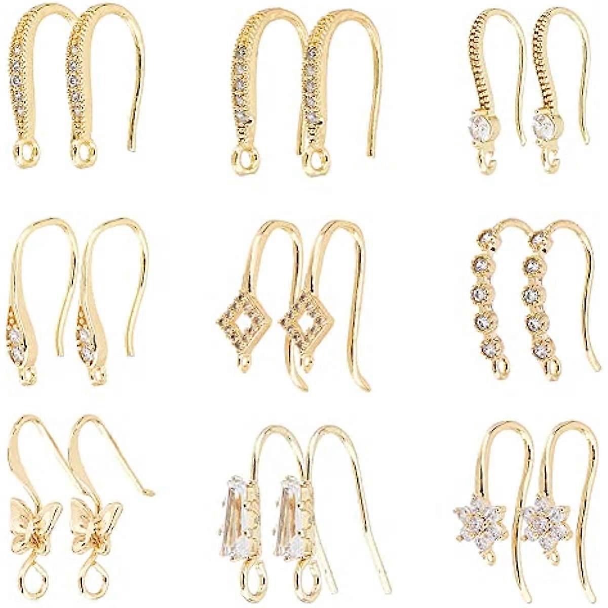 18pcs Gold Earring Hooks 9 Style 18K Ear Wire Dangle Earring Findings French Earring Hooks with Clear Cubic Zirconia Rhinestone and Loop for Women Ear