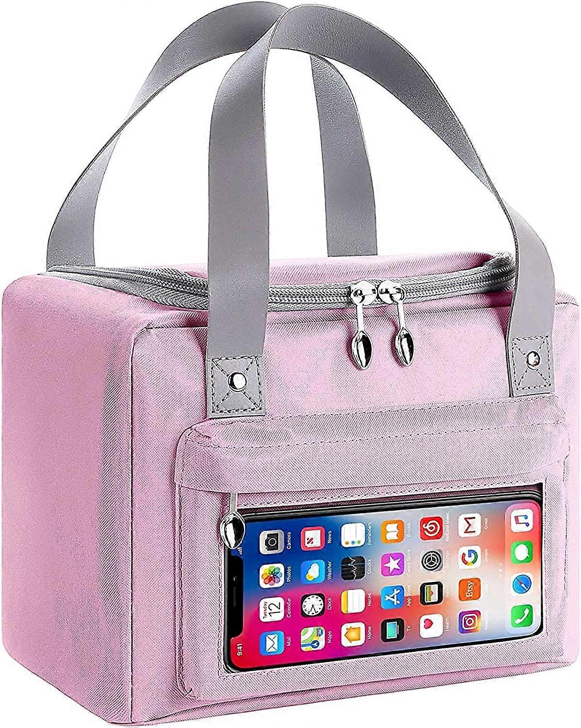 תיק אוכל לבידוד תרמי עם כיס, תיק פיקניק אוקספורד עמיד למים מתקפל (ורוד, קטן)