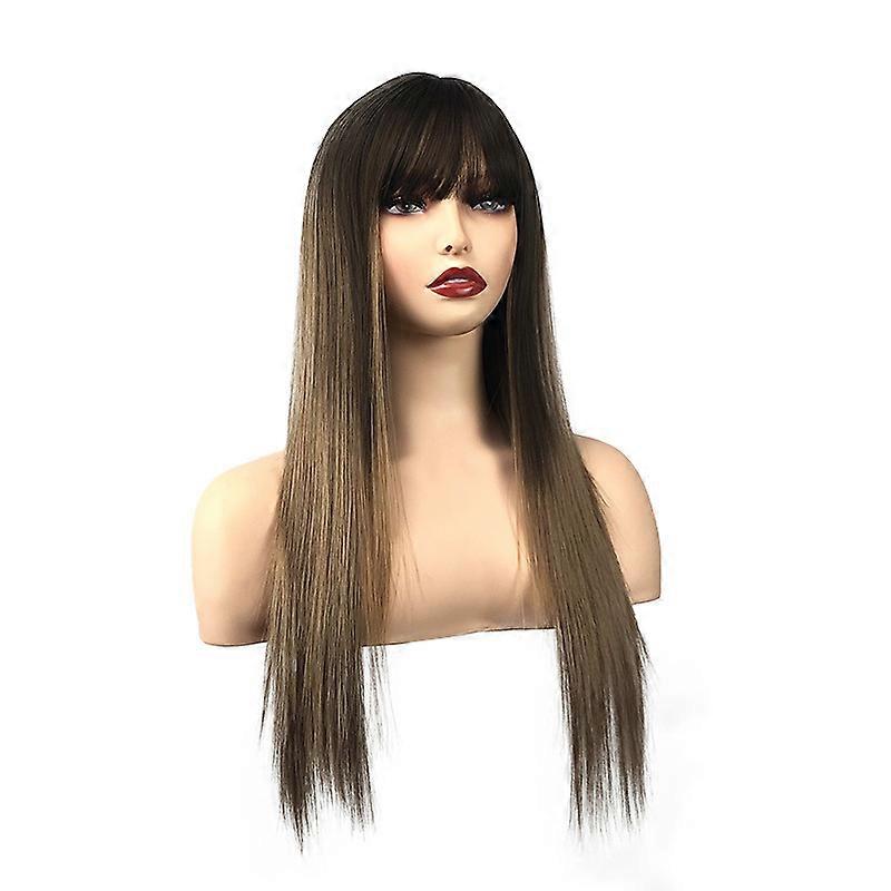 Wig gradient Brown Qi bangs long straight hair lady