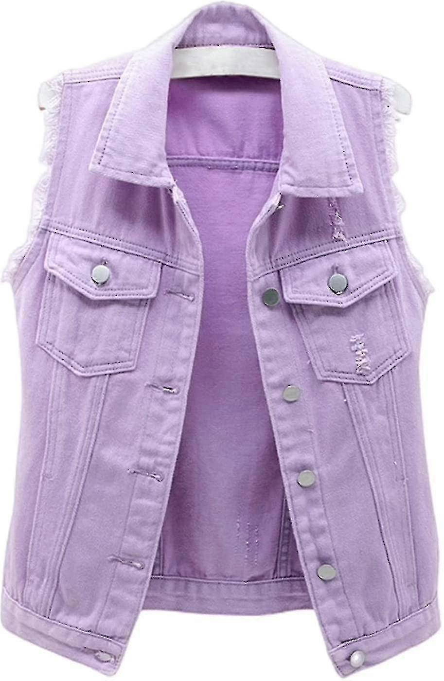 Womens Crop Denim Vest Jacket Sleeveless Button Down Ripped Casual Waistcoat Jacket