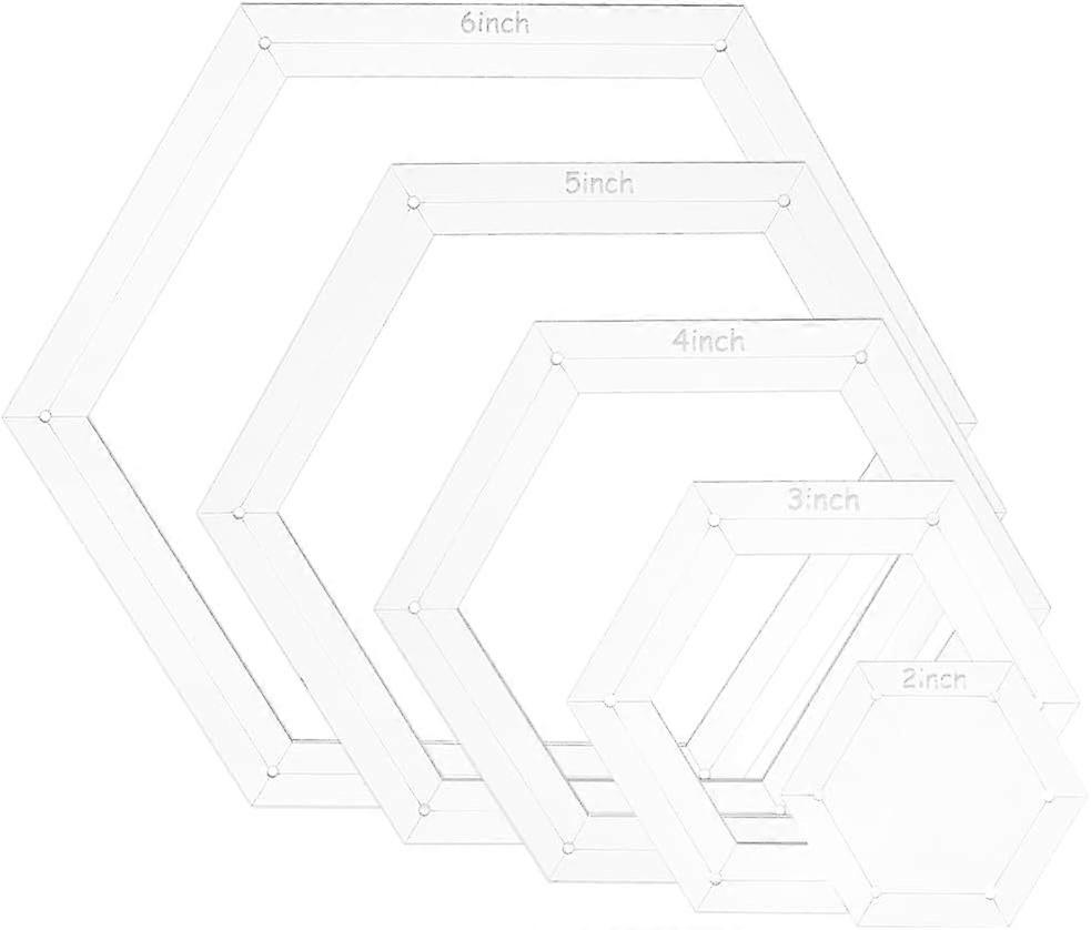 5Sizes Hexagon Quilting Template Acrylic Intricate Sewing Machine Ruler with 0.14Inch Seam Allowance