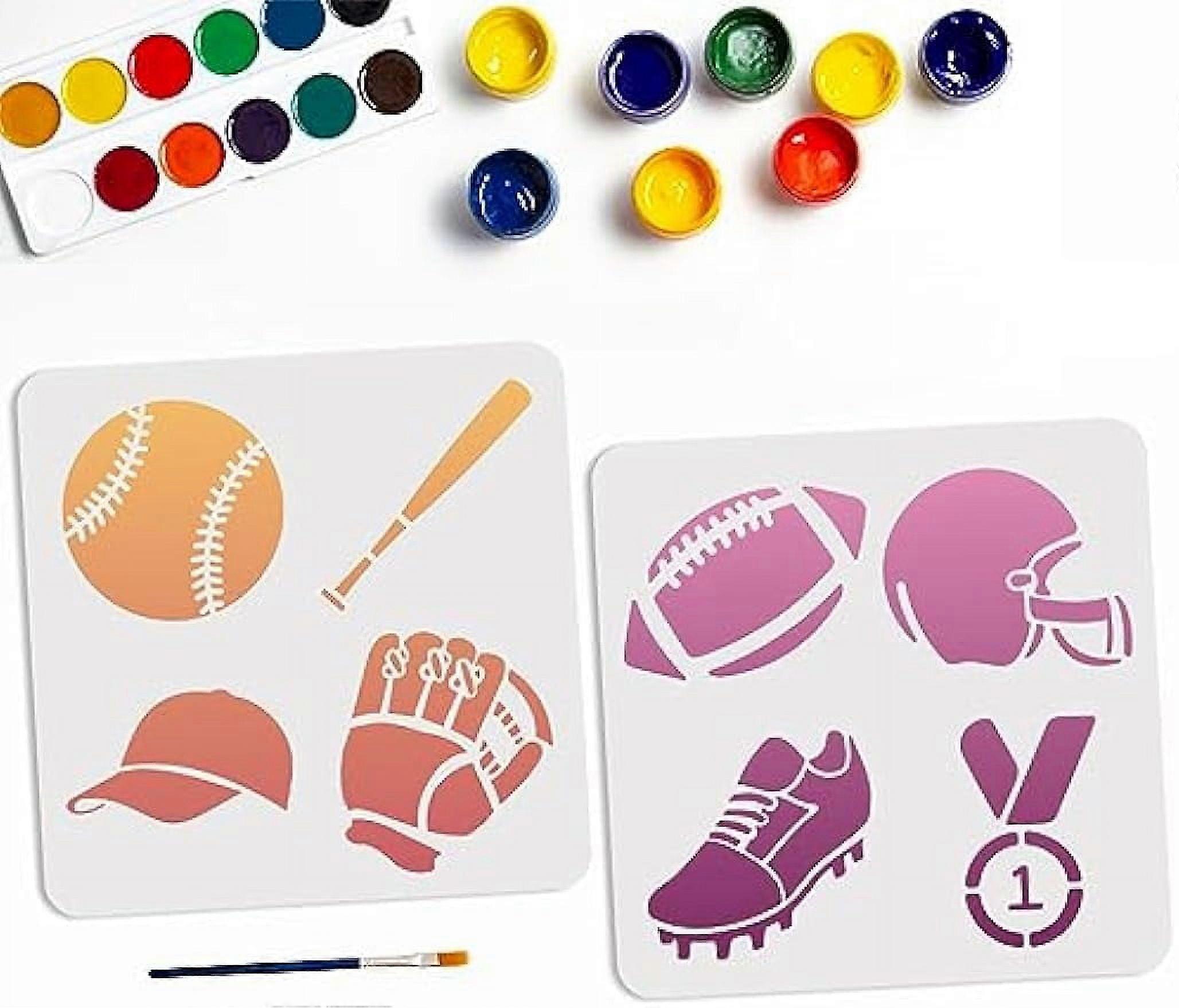 2pcs Baseball Rugby Stencil Sports Ball Stencils Baseball Bat Hat Shoe Glove Medal Template 11.811.8inch with Paint Brush Decor on Walls Fabric Furnit