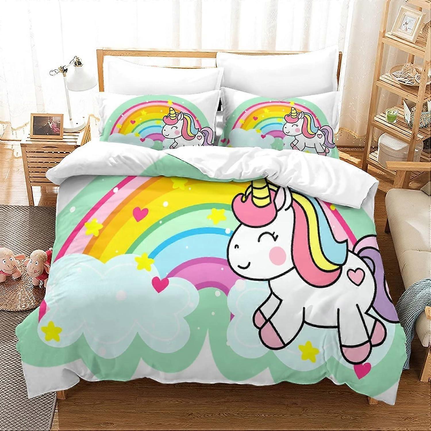 طقم غطاء لحاف يونيكورن طقم مفروشات كرتونية بطباعة D مع غطاء وسادة للأطفال الناعمين غطاء لحاف 135 * 200 سم