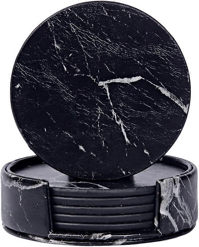Marble Round,6PCS Round Leather Coaster,with Stand(Black,10cm)