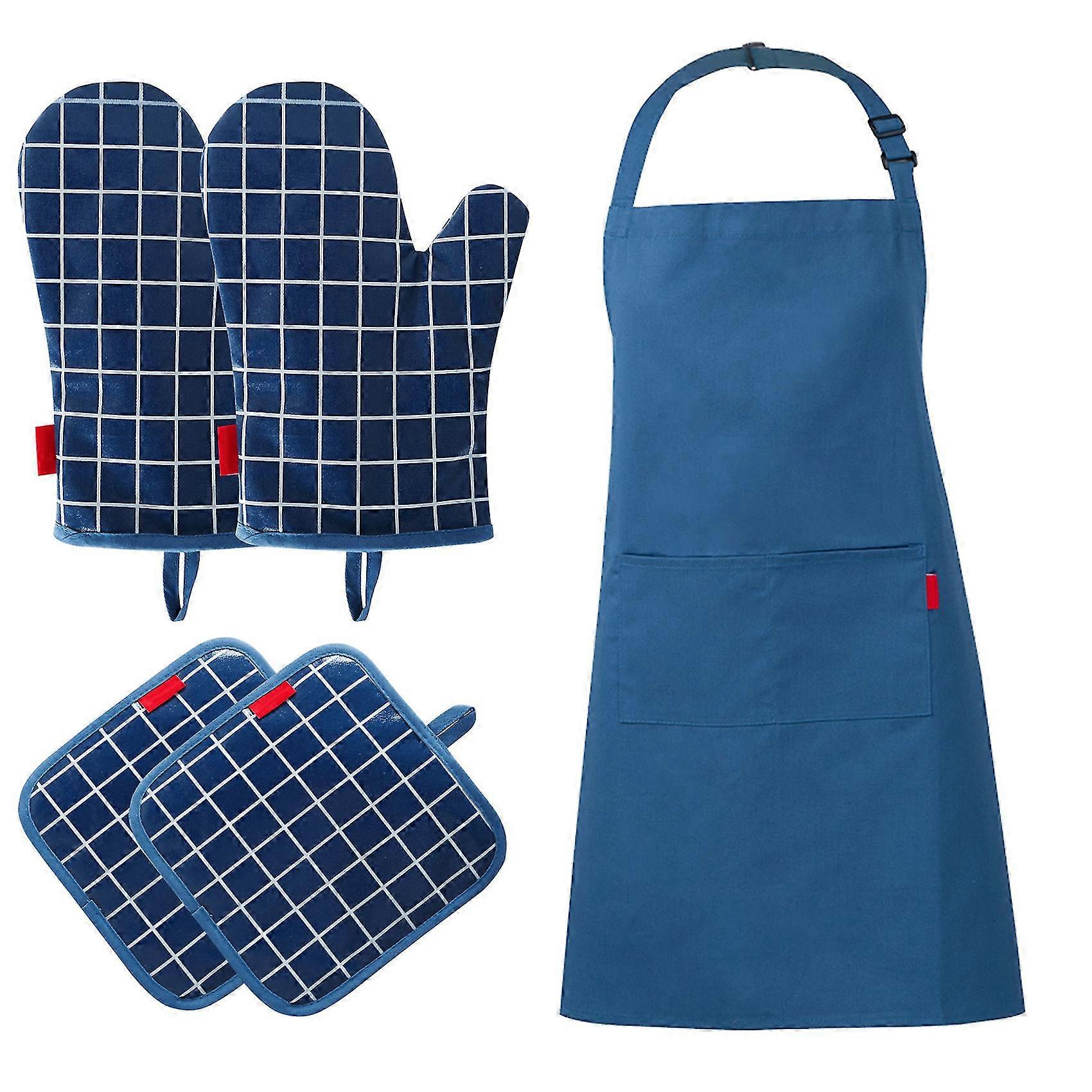5pcs Oven Mitts Pot Holders With Pocket And Apron Cotton Lining Silicone Coating Surface Heat Resistant Kitchen Glove With Printed Grids Pattern Water