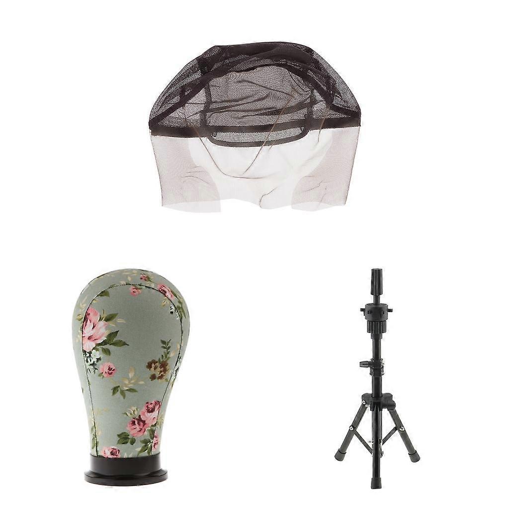 Stretchable Lace Net Canvas Head Cork Block Manikin Model with Tripod Holder Stand for Wig Lace Making Weaving