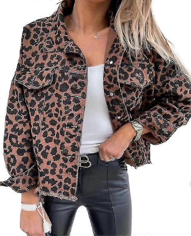 Women Denim Jacket Leopard Print Button-up Jacket