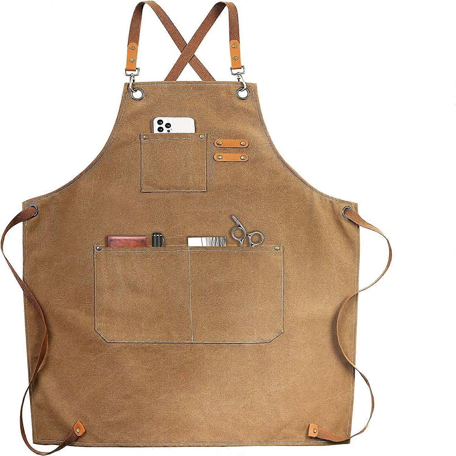 1pc Cotton Canvas Cross Back Apron For Art Painting & Gardening, Apron With 3 Pockets, Waterproof, Adjustable