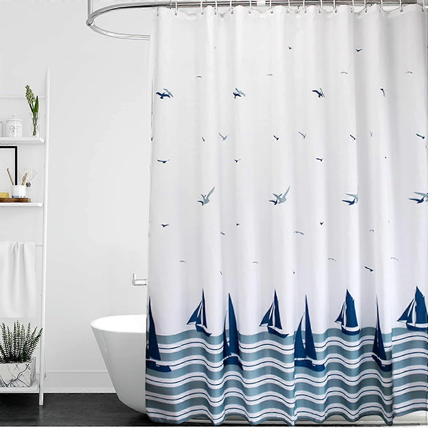 Sztxj Shower Curtain 100x200-Weighted Hem & Anti Mould & Resistant Washable, Blue Sailboat Nautical Bathroom Curtains with Hooks
