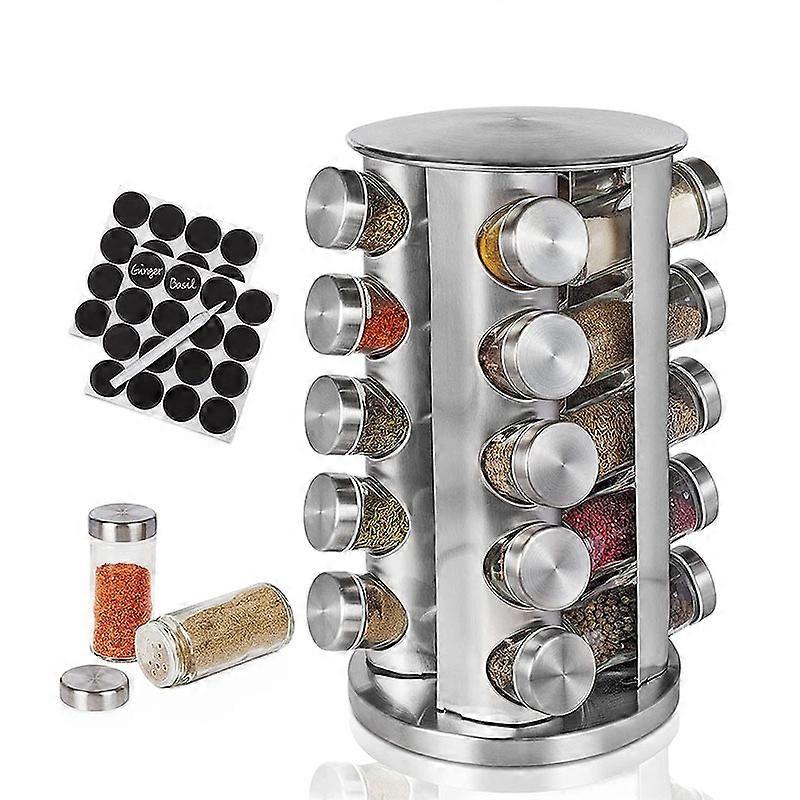 Spice rack, 20 labelled glass jars, round spice tower