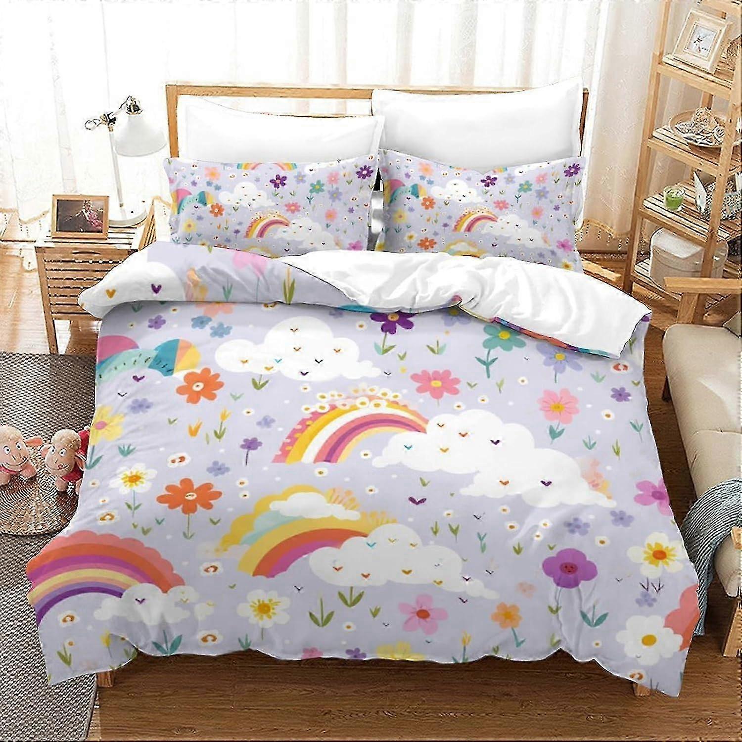 J1525 Lakan Rainbow 3D-tryckt påslakanset 3 stycken sängkläder mjuk mikrofiber med dragkedja Örngott för barn flickor pojkar vuxna sovrum