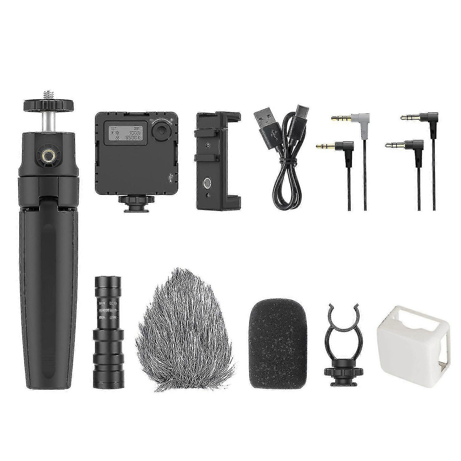 Kit de microfone de vídeo da câmera do smartphone com luz do suporte do telefone do tripé do microfone