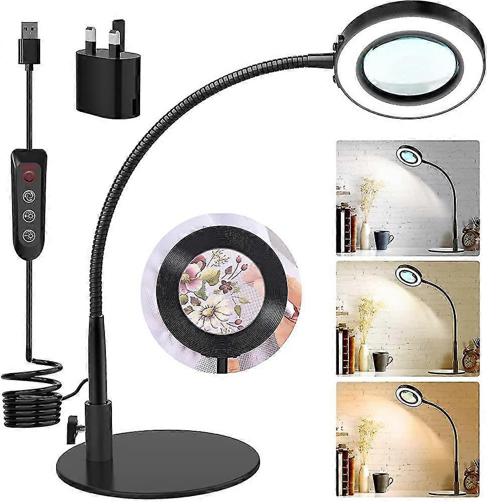 Adjustable luminosity Led magnifying lamp Magnifier glass with base and lamp 3x magnification, 3 colour modes, 3.22" optical lens, 48 Led beads for di