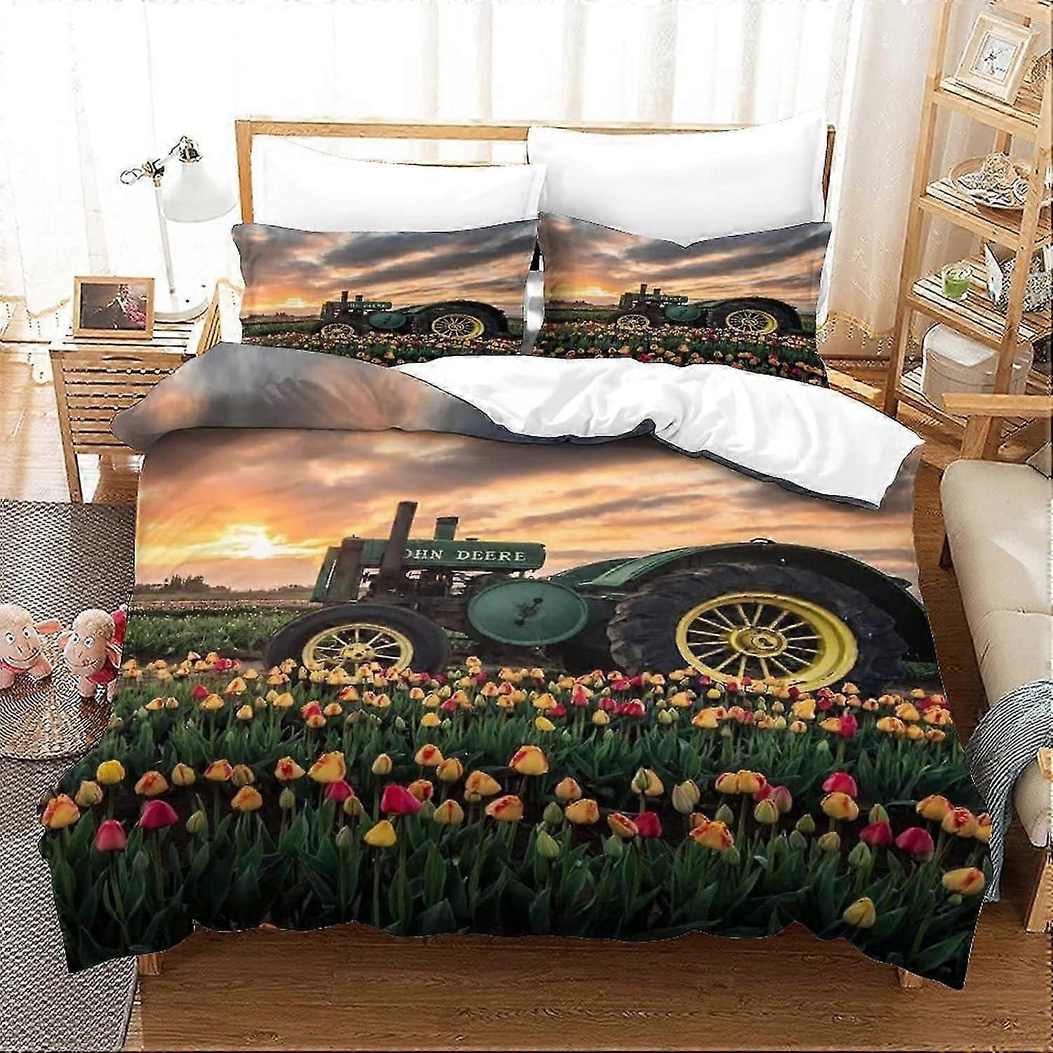 J3365 Bed Sheets 3D Printed Tractor Duvet Cover Set 3 Pieces Set Easy Care Super-Soft Microfiber Comfortable & Durable with Zipper Closure Bedding Set