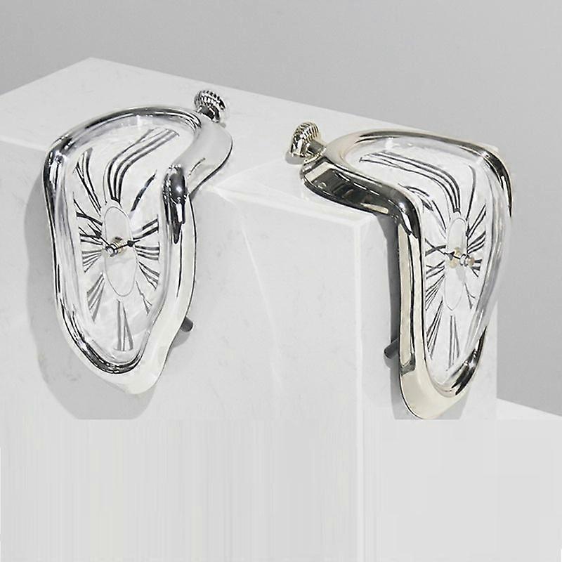 Melting Distorted Clock Art Decor for Living Room - Plastic Desktop Electronic Wall Clock Silver