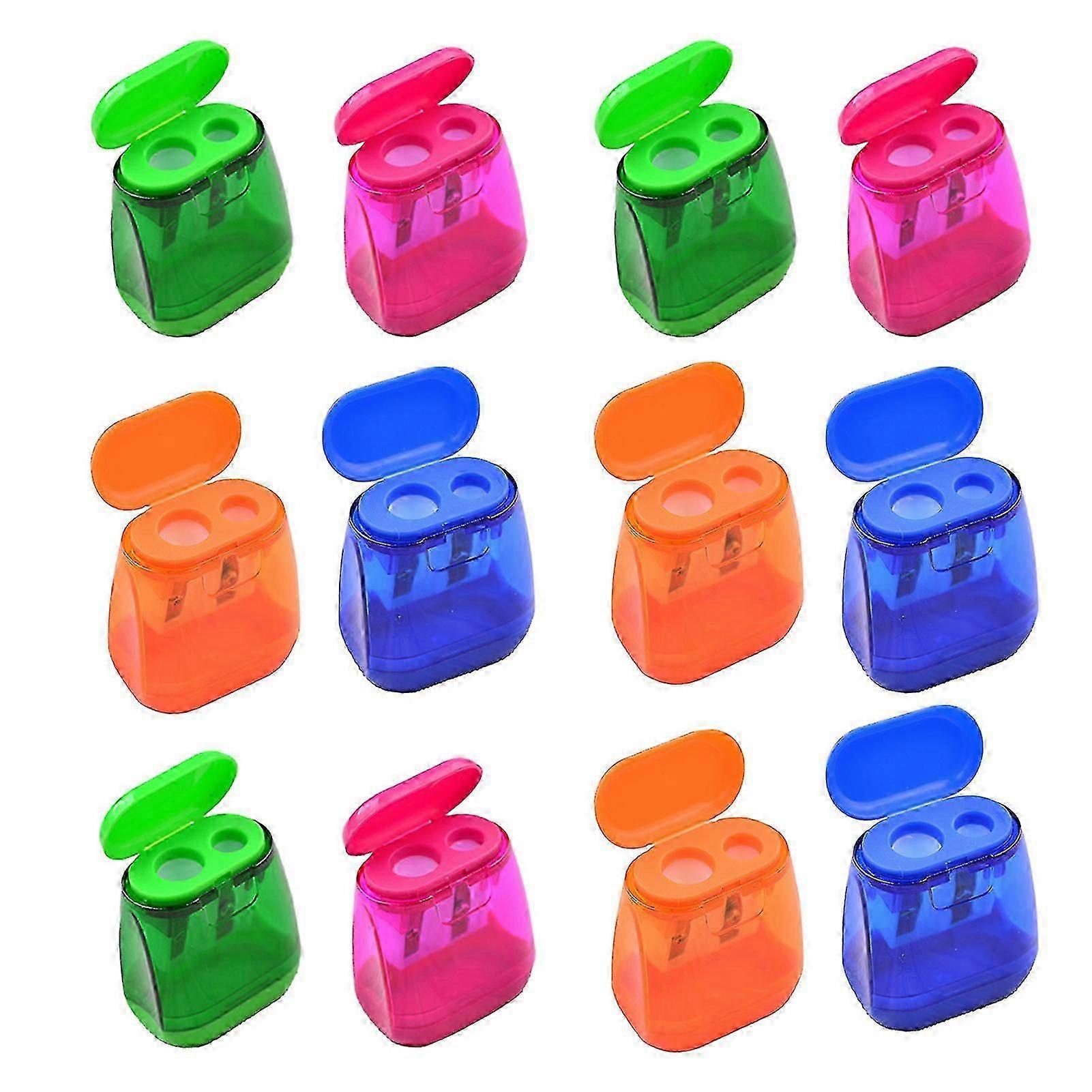 12 Pz Temperamatite a doppio foro Lame in acciaio al carbonio dal design carino Coperchio a prova di schizzi Trucioli trasparenti Contenitore Temperamatite