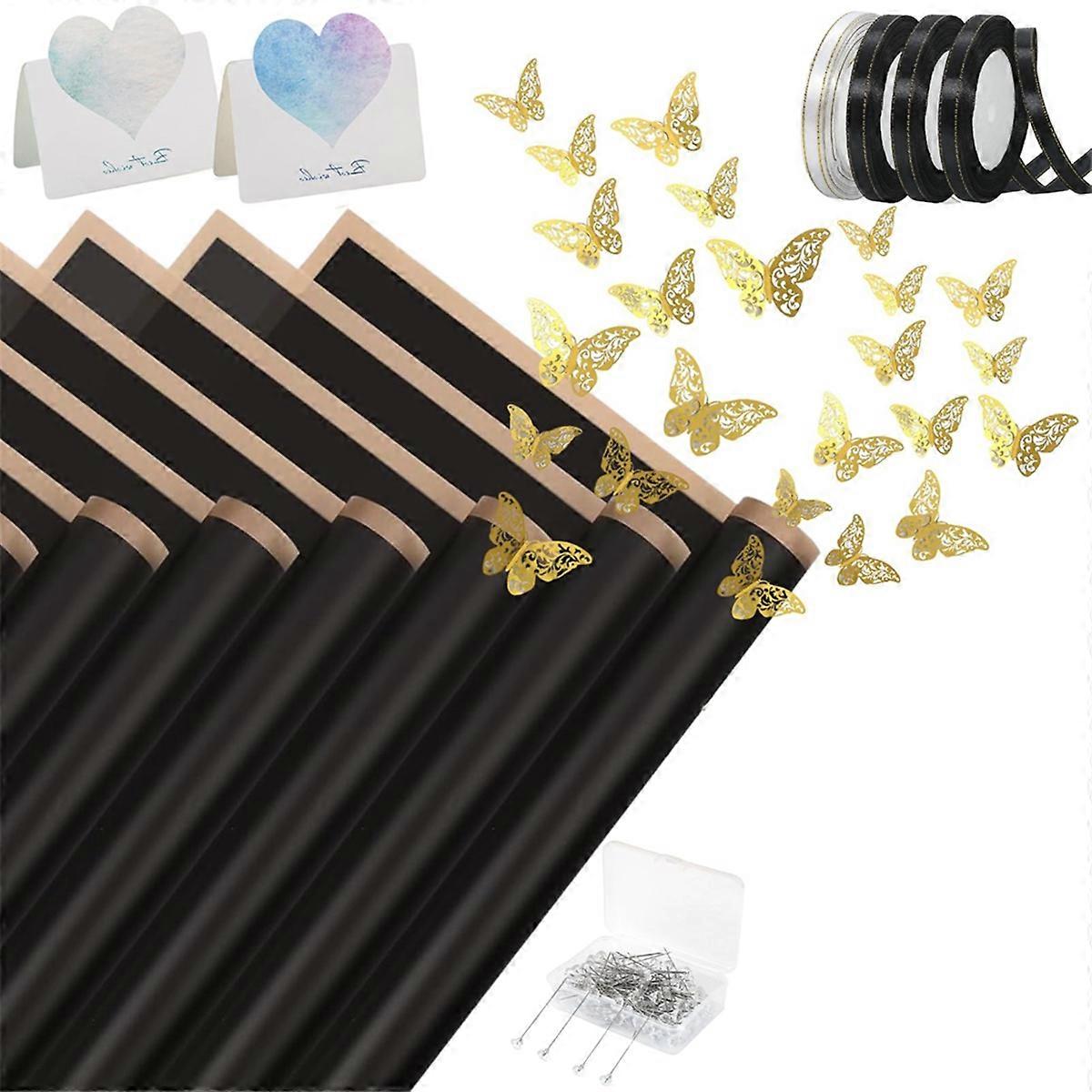 40 Sheets Flower Wrapping Paper with 4 Rolls Flower Ribbons ,Black