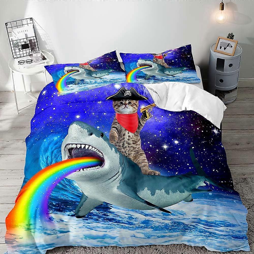 3 PCS Bedding Set with Rainbow Shark Funny Cat Galaxy Blue Ocean Animals Design for Teens Bedding Full Size