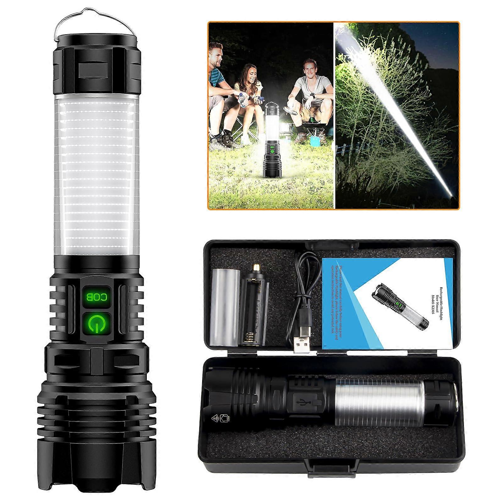 LED Rechargeable Flashlight With 100000 High Lumen Camp 2000 - Lights meters long beam super bright