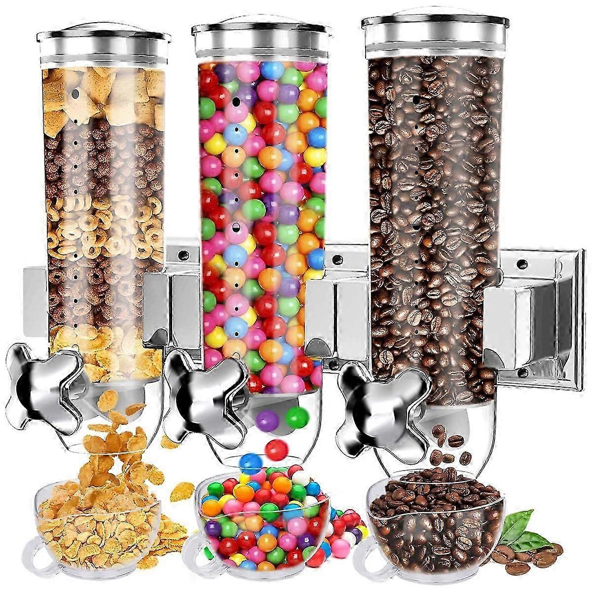 Version 2: Title: Triple Cereal & Candy Dispenser with Wall-Mount and Removable Cups for Easy Access